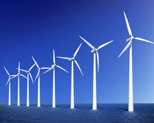 Wind turbines farm in sea near Denmark